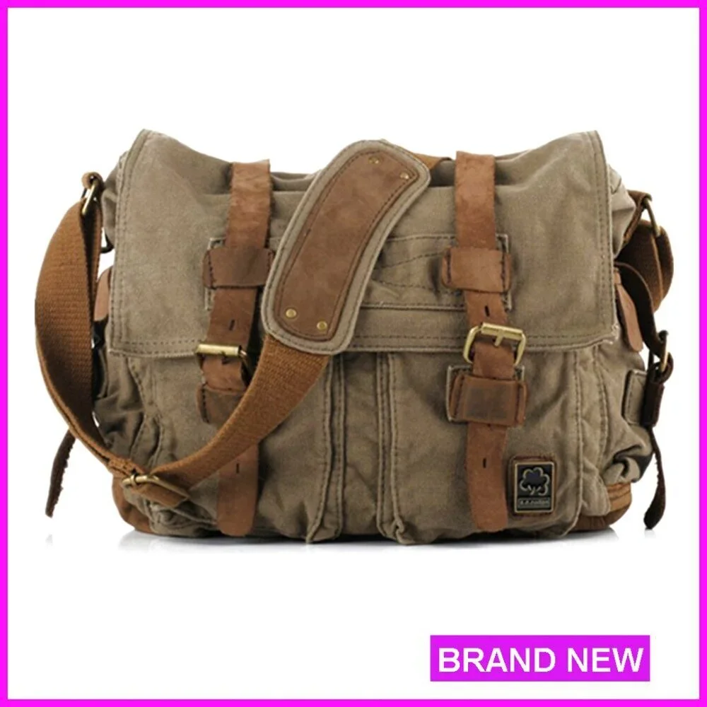 Vintage Military Leather Canvas Messenger Bag Fits 17-Inch Laptop